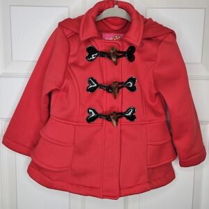 Girls Red Pea Coat 24M Heart Detail Toggle Closure Ruffle Hem Jacket